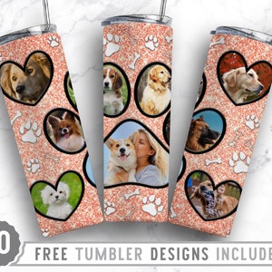 20oz Dog Paw Photo Frame Skinny Tumbler Sublimation Png, Dog Memorial Picture, Collage, Glitter, Png, Straight &Tapered Tumbler Png Design