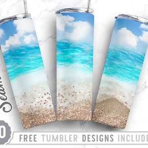 Beach Sunset Glitter 20oz Skinny Tumbler Wrap Design, Letnia sublimacja, Czasy świąteczne, Prosty i zwężany wzór Tumbler, Pobieranie cyfrowe