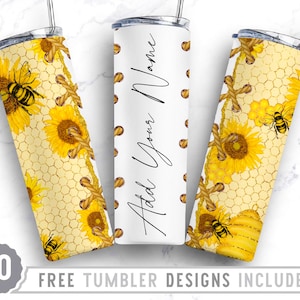 May include: Three stainless steel tumblers with a honeycomb and sunflower design. The tumblers have a rope-like design around the middle. One tumbler has the text "Add Your Name" on it.