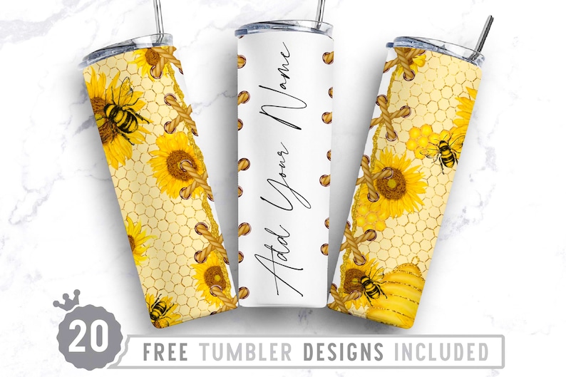May include: Three stainless steel tumblers with a honeycomb and sunflower design. The tumblers have a rope-like design around the middle. One tumbler has the text "Add Your Name" on it.