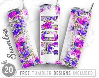 Floral Mom 20oz Skinny Tumbler Wrap Design, Minimalist Flowers, Gift From Kids, Mom Gift, Straight&Tapered Tumbler Design, Digital Download