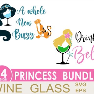 May include: A set of 14 princess-themed wine glass designs. The designs feature princesses from Disney movies, including Jasmine, Belle, and Rapunzel. The designs include text such as "A whole new buzz" and "Drinker Bell".