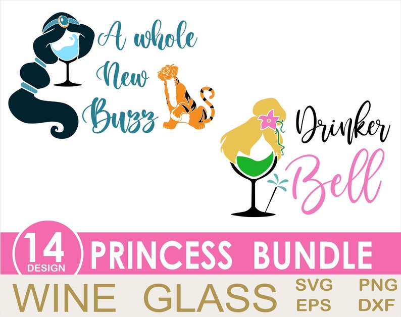 May include: A set of 14 princess-themed wine glass designs. The designs feature princesses from Disney movies, including Jasmine, Belle, and Rapunzel. The designs include text such as "A whole new buzz" and "Drinker Bell".