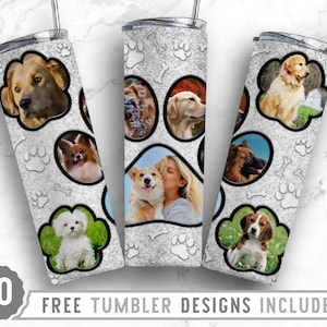 Marco de fotos de pata de perro de 20 oz Sublimación de vaso delgado Png, Imagen de perro Mamá, Collage, Brillo, Sublimación, Diseño de png de vaso recto y cónico