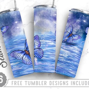 20oz Skinny Tumbler Design Sublimation Template Butterfly, Blue Glitter ButterfliesTumbler Png,Wrap Sublimation Straight&Tapered Tumbler,Png