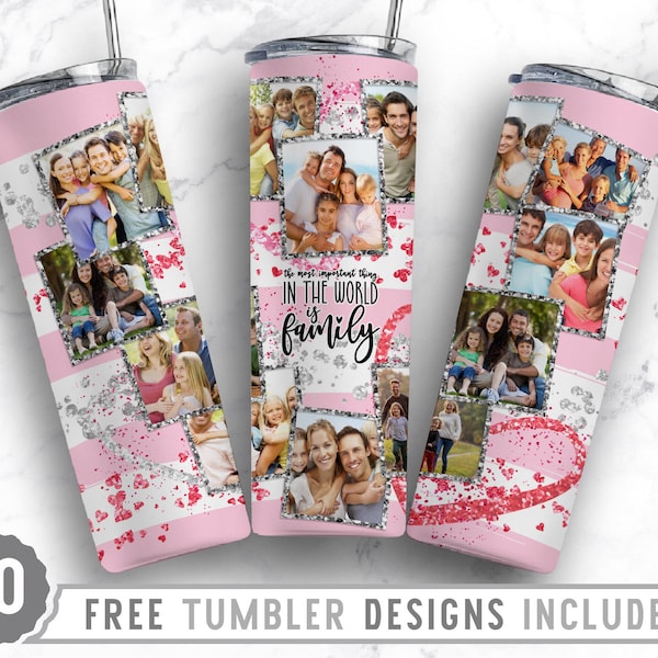 20oz Family Photo Frame Skinny Tumbler Sublimation Png, Picture Frame, Collage, Add Own Photo, Glitter, Straight &Tapered Tumbler Png Design