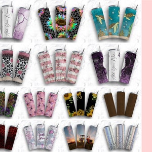 May include: Twenty free designs for sublimation tumblers. The designs include a variety of patterns, colors, and themes, such as glitter, leopard print, sunflowers, and more.  Add your name to the tumbler design.