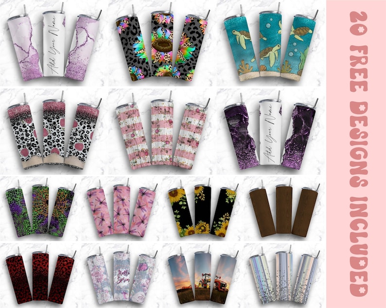 May include: Twenty free designs for sublimation tumblers. The designs include a variety of patterns, colors, and themes, such as glitter, leopard print, sunflowers, and more.  Add your name to the tumbler design.
