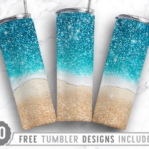 20oz Ocean Glitter Skinny Tumbler Sublimacja Png, Lato, Zachód słońca, Wakacje, Plaża, Wakacje, Sublimacja, Prosty i Stożkowy Tumbler Png Design