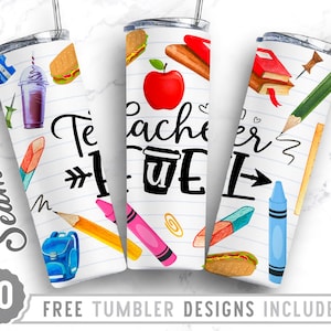 Teacher Fuel 20oz Skinny Tumbler Wrap Design PNG, Vita da insegnante, Matita, Cancelleria, Pastello, Design bicchiere dritto e affusolato, Download digitale