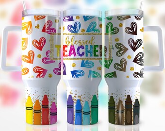 40oz Blessed Teacher Quencher Tumbler Wrap, Teacher Life, Pencil, Apple, Glitter, Teacher Appreciation, Wrap, Seamless,Tumbler Design