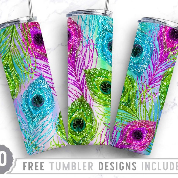 20oz Peacock Feather Skinny Tumbler Sublimation Png, Animal Pattern, Glitter, Animal Print, Glitter Feather,Straight &Tapered Tumbler Design