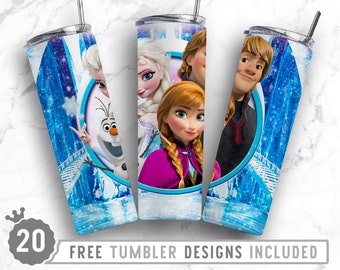 Sublimación de vaso flaco congelado de 20 oz Png, princesa, personaje de dibujos animados, cumpleaños, niñas, sublimación, diseño png de vaso recto y cónico