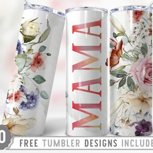20oz Mama Skinny Tumbler Sublimación Png, Mamá, Día de la Madre, Rosas, Flores, Groovy, Boho, Floral, Png, Vaso Recto y Cónico Diseño Png