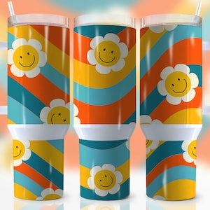 40oz Retro Daisy Quencher Tumbler Wrap, Daisy Tumbler Wrap, Retro Daisy Smile Face, Flowers Png, Wrap, Sublimation, Seamless,Tumbler Design