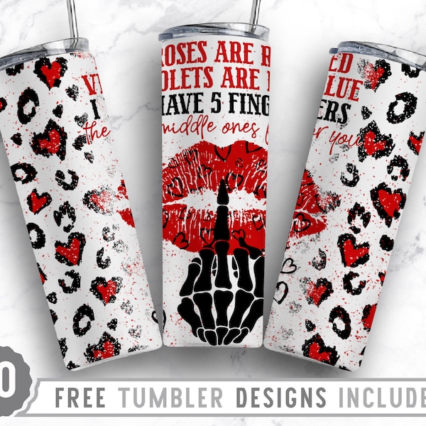 20oz Valentines Day Skinny Tumbler Sublimation Png, Roses Are Red, Red lips, Love, Heart, Leopard, Sublimation,Straight &Tapered Tumbler Png