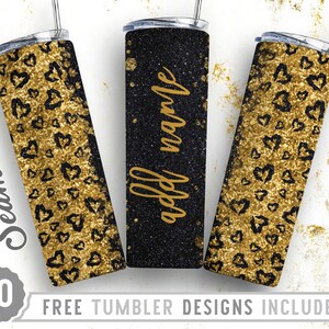 May include: Three black and gold glitter tumbler designs. The first design features a gold glitter pattern with black hearts. The second design is black with the text "add name" in gold glitter. The third design is the same as the first design.