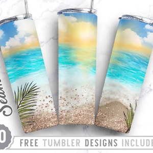 Beach Sunset Glitter 20oz Skinny Tumbler Wrap Design, Dziewczyna na plaży, Ocean, Lato, Plaża Png, Prosty i zwężany projekt Tumbler, Pobieranie cyfrowe