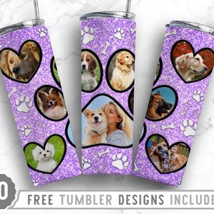 20oz Dog Paw Photo Frame Skinny Tumbler Sublimation Png, Dog Memorial Picture, Collage, Glitter, Png, Straight &Tapered Tumbler Png Design
