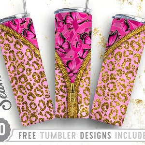 May include: Three pink and gold tumbler designs with a zipper detail. The designs feature pink glitter, gold glitter, and pink butterflies. The text "FREE TUMBLER DESIGNS INCLUDED" is at the bottom of the image.