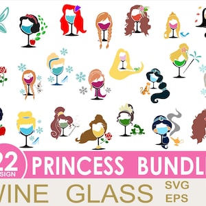 Pacote Svg de Taça de Vinho Princesa, Princesa Svg, Taça de Vinho Princesa Svg, Sereia Svg, Cinderealla Svg, Jasmine Svg, Tiana Svg, Frozen Svg, Elsa Svg
