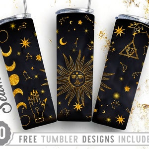 Celestial Zodiac 20oz Skinny Tumbler Wrap Design, Luna y Sol, Zodiac Tumbler Png, Diseño de vaso recto y cónico, Descarga digital,Png