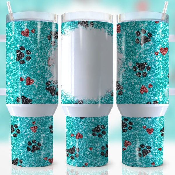 Dog Paw Teal Glitter 40 oz Quencher Tumbler Wrap, Dog Fur Mom, Collage, Faux Glitter, Sublimation, Seamless,Tumbler Design, Digital Download