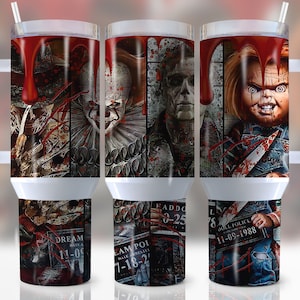 May include: Three white travel mugs with a black handle and a straw. Each mug features a different horror movie character: Pennywise the clown, Michael Myers, and Chucky. The mugs have a red dripping effect and text that says "Dream Date" and "Campol" on the bottom.