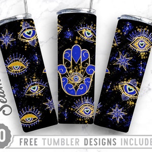 Plantilla de sublimación de diseño de vaso flaco de 20 oz Mal de ojo, Mal de ojo griego, Humsa, Ojo místico, Envoltura de sublimación Vaso recto y cónico,Png