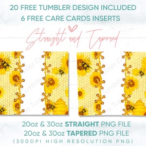 May include: Two digital designs for 20 oz and 30 oz tumblers featuring a yellow and brown honeycomb pattern with sunflowers and bees. The designs are labeled "Straight" and "Tapered".