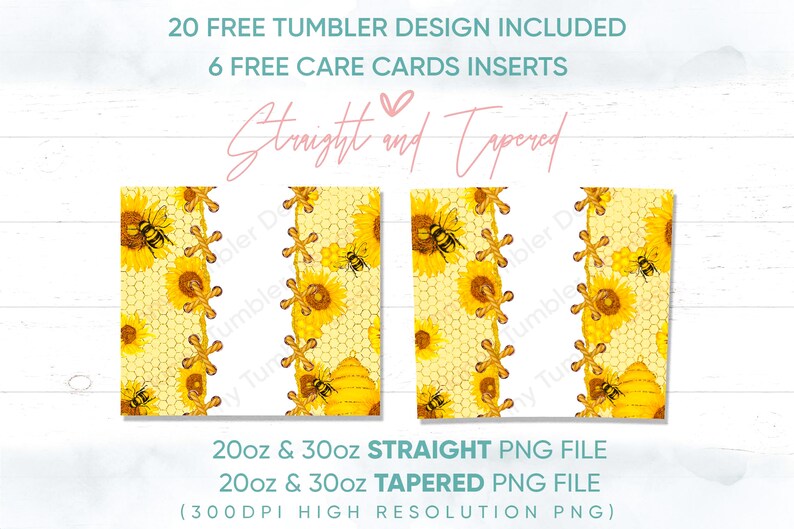 May include: Two digital designs for 20 oz and 30 oz tumblers featuring a yellow and brown honeycomb pattern with sunflowers and bees. The designs are labeled "Straight" and "Tapered".