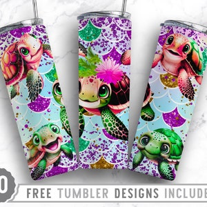 20 Unzen Meeresschildkröte Aquarell Skinny Becher Sublimation Png, Baby Schildkröte, Meerjungfrau, Ozean, Blumen, Png, gerade & konisch zulaufende Becher Png Design