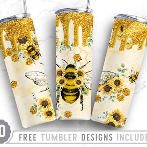 20oz Bee Sunflower Skinny Tumbler Sublimation Png, Flower, Honey, Honeycomb, Butterfly, Inspirational, Straight &Tapered Tumbler Png Design