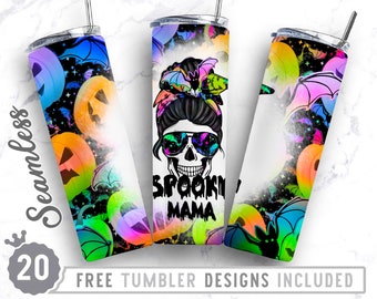 20oz Skinny Tumbler Design Sublimation Template Halloween Spooky Mama, Halloween Messy Bun Skull, Wrap Sublimation Straight&Tapered Tumbler