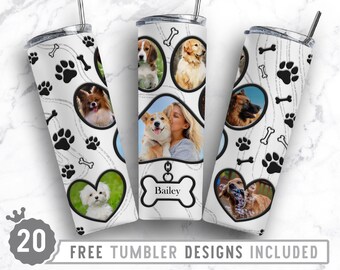 20oz Dog Paw Photo Frame Skinny Tumbler Sublimation Png, Fur Mom Picture, Collage, Glitter, Sublimation,Straight &Tapered Tumbler Png Design