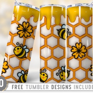 3D Inflated Puff 20oz Bee Honeycomb Skinny Tumbler Wrap Png, Beehive, Honey Bee, Animal Png, Sublimation, Wrap Png, Seamless, Tumbler Design