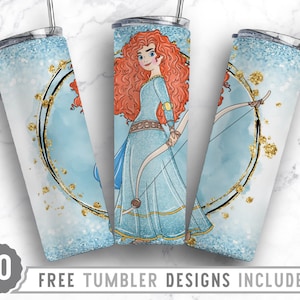 May include: Three sublimation designs for a tumbler featuring a cartoon illustration of a red-haired princess with a bow and arrow. The background is a blue and gold glitter design.