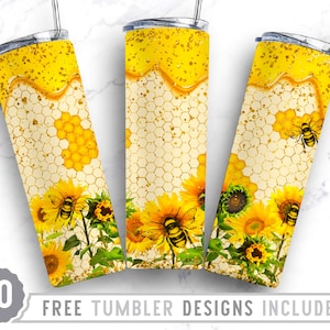 20oz Bee Sunflower Skinny Tumbler Sublimation Png, Flower, Honey, Honeycomb, Inspirational, Sublimation,Straight &Tapered Tumbler Png Design