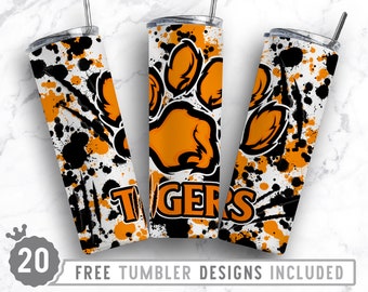 20oz Orange Black Tigers Skinny Tumbler Sublimation Png, Power Wash, Paw, Mascot, Sublimation, Png, Straight &Tapered Tumbler Png Design