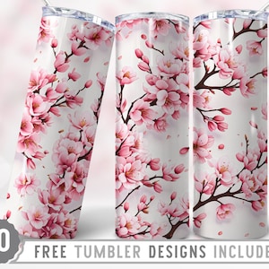 20オンス ピンク 桜 スキニー タンブラー 昇華 PNG、日本の桜、3D 桜の木、ストレート & テーパード タンブラー PNG デザイン