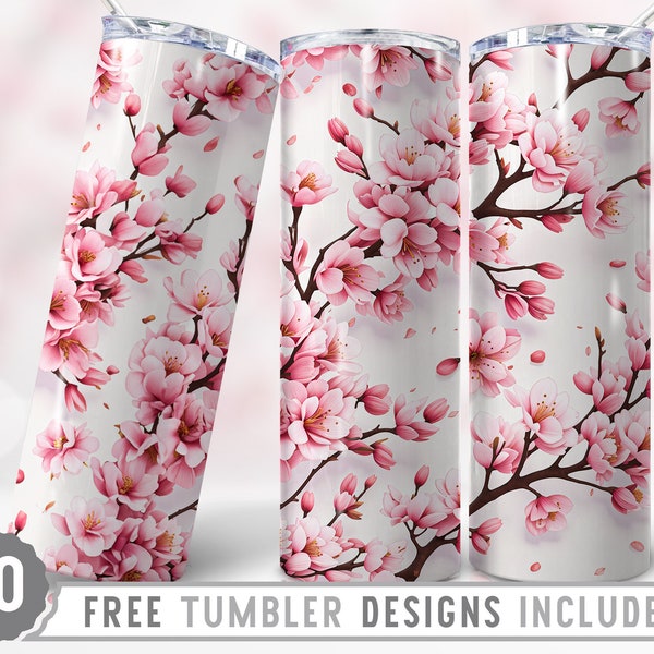 20oz Pink Cherry Blossom Skinny Tumbler Sublimation Png, Japanese Cherry Blossom, 3d Cherry Tree, Straight &Tapered Tumbler Png Design