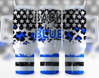 40oz Blue Line With Black Flag Quencher Tumbler Wrap, 4 luglio, Patriottico, Ufficiale di polizia USA,, Wrap, Sublimation,Seamless,Tumbler Design