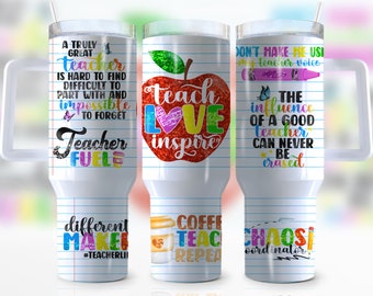 Tazza Teach Love Inspire Quencher da 40 oz, vita da insegnante, matita, mela, apprezzamento per gli insegnanti, tazza, stampa a sublimazione, PNG, design per tazza