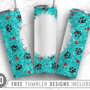 20oz Dog Paw Teal Glitter Skinny Tumbler Sublimation Png, Dog Fur Mom,Collage, Faux Glitter,Sublimation,Straight &Tapered Tumbler Png Design