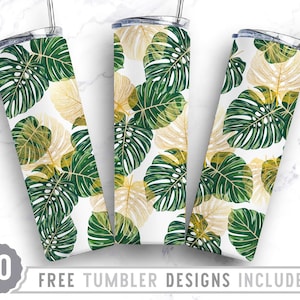20oz Monstera leaves Skinny Tumbler Sublimation Png, Monstera Pattern, Plant, Tropical, Watercolor,Wrap Sublimation Straight&Tapered Tumbler