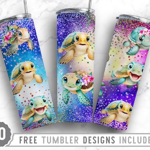 20 Unzen Meeresschildkröte Aquarell Skinny Becher Sublimation Png, Baby Schildkröte, Meerjungfrau, Ozean, Blume, Png, gerade & konisch zulaufende Becher Png Design
