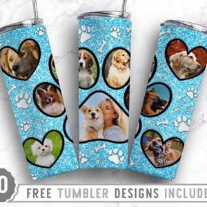 20oz Dog Paw Photo Frame Skinny Tumbler Sublimation Png, Dog Memorial Picture, Collage, Glitter, Png, Straight &Tapered Tumbler Png Design