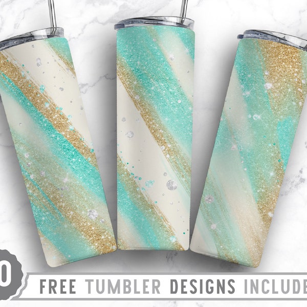 20oz Milkyway Aqua Gold Skinny Tumbler Sublimation Png, Marble, Faux Glitter, Ombre, Agate, Sublimation,Straight &Tapered Tumbler Png Design