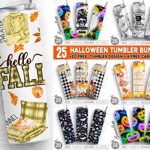 Gran paquete de Halloween, 25 20 oz Hocus Pocus Skinny Tumbler Sublimación Png, Araña, Otoño, Murciélago, Fantasma, Aterrador, Diseño de vaso recto y cónico