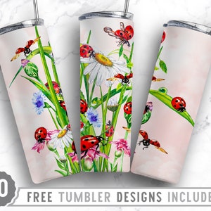 Sublimación de vaso flaco de mariquita de 20 oz Png, flor, floral, margarita de verano, primavera, sublimación, png, diseño png de vaso recto y cónico
